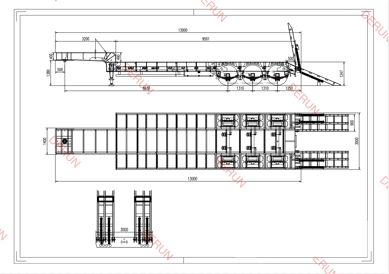 Tegning af 3 Axle Lowbed Semi Trailer