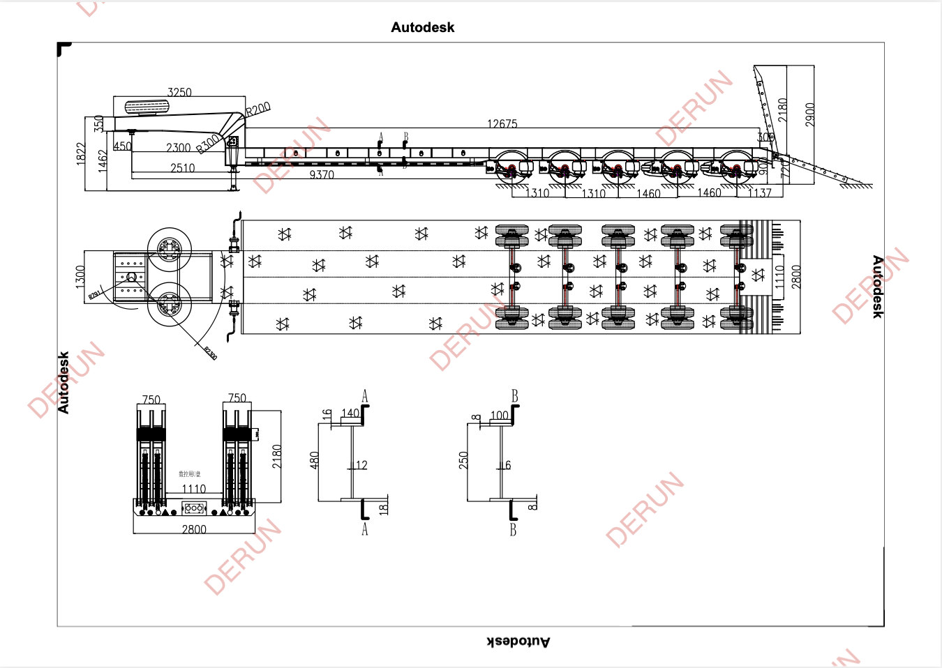 Tegning af 5 Axle Lowbed Semi Trailer