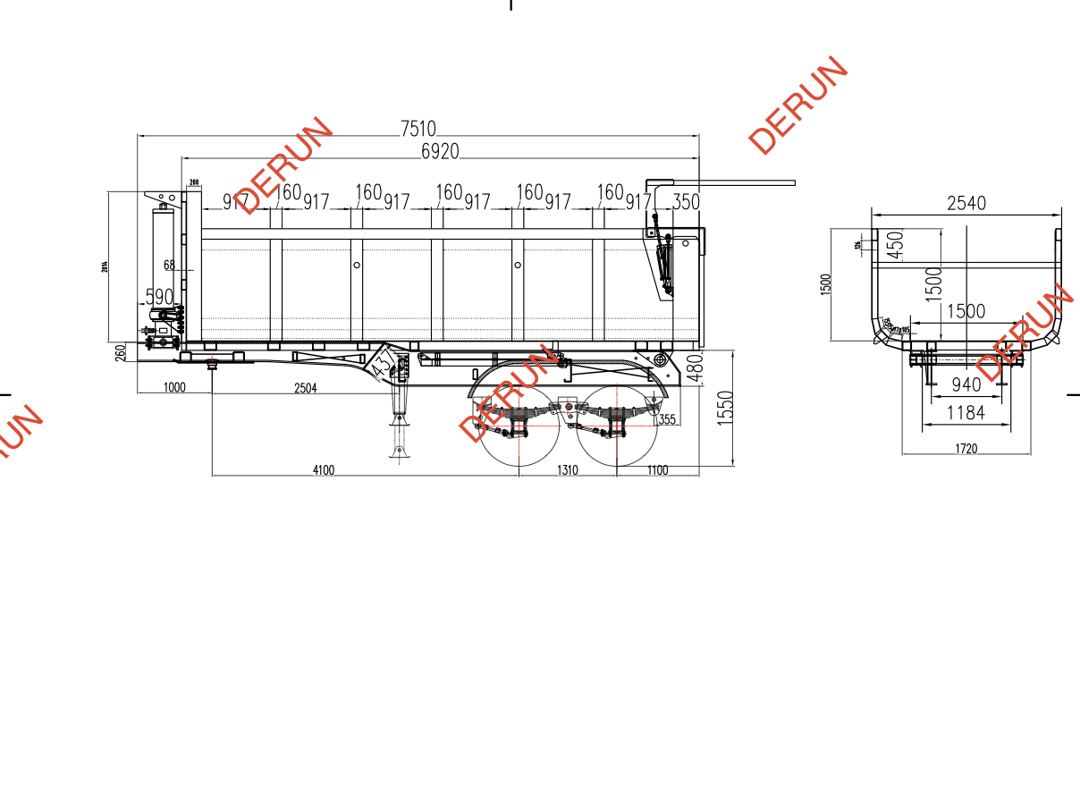 Tegning af 2 aksel bagdump semi trailer